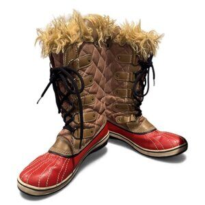 SOREL Waterproof Tall Lace-up Boots with Faux fur cuff, Tan and red, size 8.5